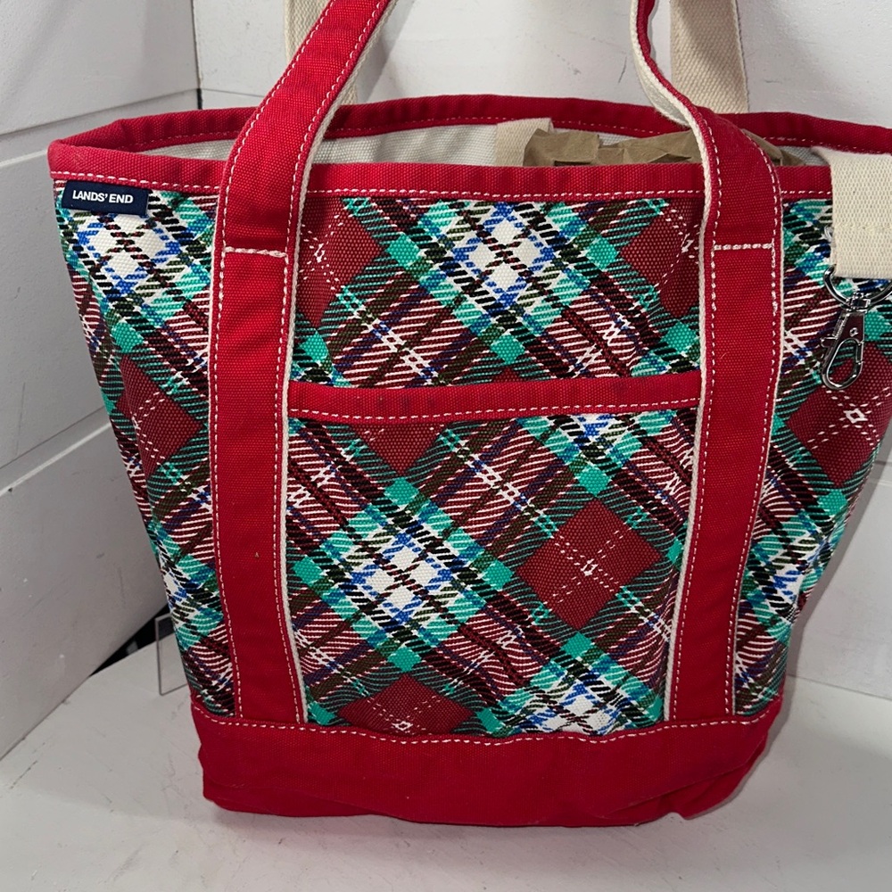 Lands End classic canvas tote red plaid